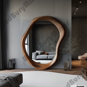 Asymmetrical Walnut Wooden Frame Mirror, Irregular Mirror, Home decor mirror, Walnut Frame