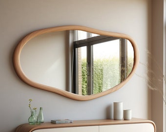 Asymmetrical Wooden Frame Mirror, Irregular Mirror, Home decor mirror