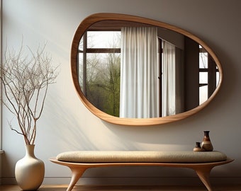 Asymmetrical Wooden Frame Mirror, Irregular Mirror, Home decor mirror