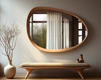 Asymmetrical Wooden Frame Mirror, Irregular Mirror, Home decor mirror