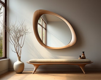 Asymmetrical Wooden Frame Mirror, Irregular Mirror, Home decor mirror