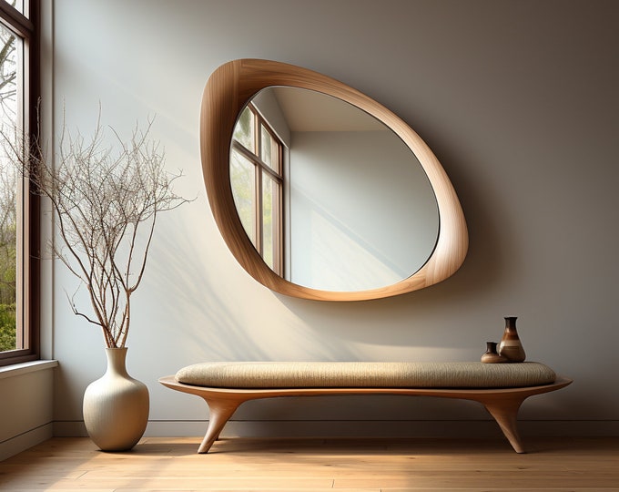 Featured listing image: Asymmetrical Wooden Frame Mirror, Irregular Mirror, Home decor mirror