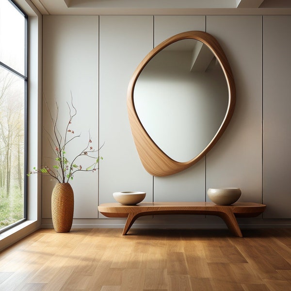 Espejo asimétrico con marco de madera, espejo irregular, espejo de decoración del hogar