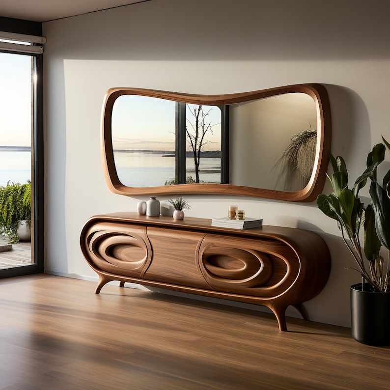 Asymmetrical Wooden Frame Mirror, Irregular Mirror, Home decor mirror, rectangle mirror image 2