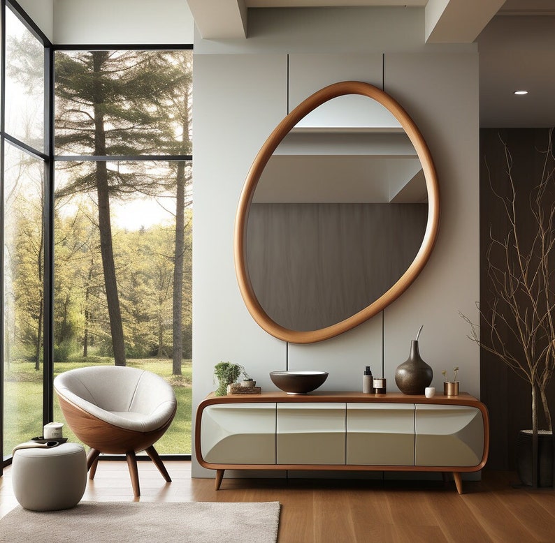 Asymmetrical Wooden Frame Mirror, Irregular Mirror, Home decor mirror image 3