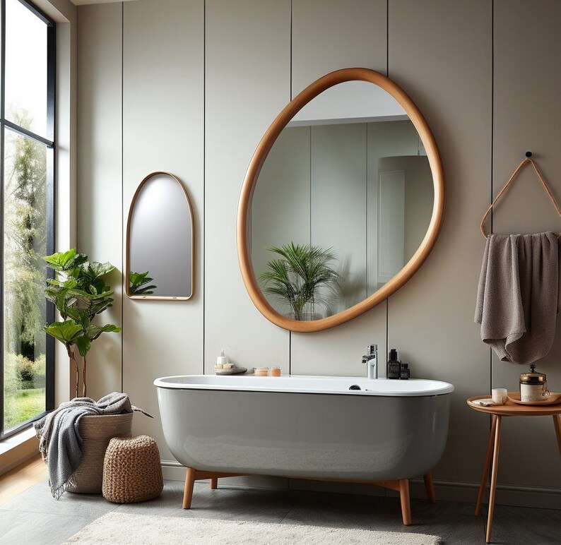 Asymmetrical Wooden Frame Mirror, Irregular Mirror, Home decor mirror image 6