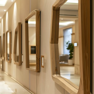 Könnte beinhalten: Ein Flur mit einer Reihe von Holzrahmenspiegeln, jeder mit einer einzigartigen Form und Größe. Die Spiegel sind in einem versetzten Muster angeordnet, was ein visuell interessantes Display ergibt.