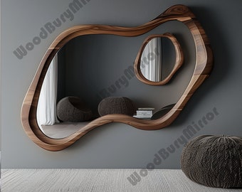 Asymmetrical Walnut Wooden Frame Mirror, Irregular Mirror, Home decor mirror, Walnut Frame