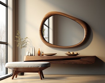 Asymmetrical Wooden Frame Mirror, Irregular Mirror, Home decor mirror, Asymmetrical Walnut Frame Mirror