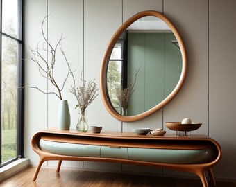 Asymmetrical Wooden Frame Mirror, Irregular Mirror, Home decor mirror