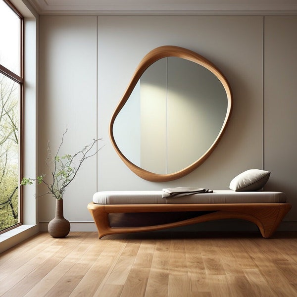 Asymmetrical Wooden Frame Mirror, Irregular Mirror, Home decor mirror