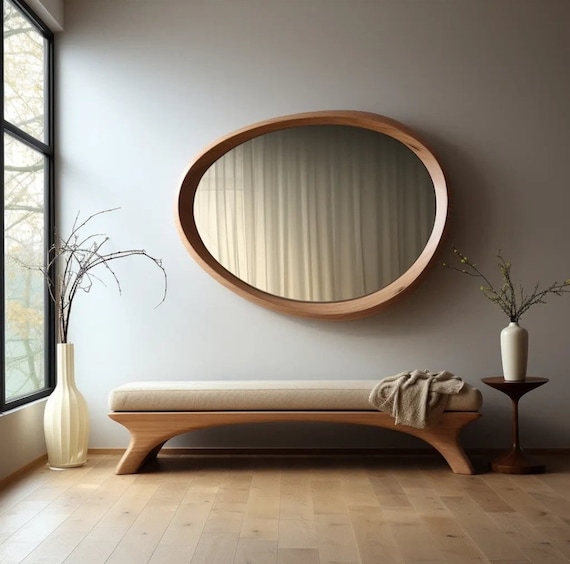 Asymmetrical Wooden Frame Mirror, Irregular Mirror, Home