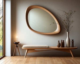 Asymmetrical Wooden Frame Mirror, Irregular Mirror, Home decor mirror