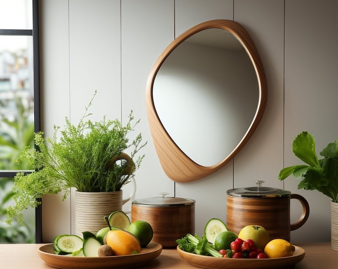 Featured listing image: Asymmetrical Wooden Frame Mirror, Irregular Mirror, Home decor mirror