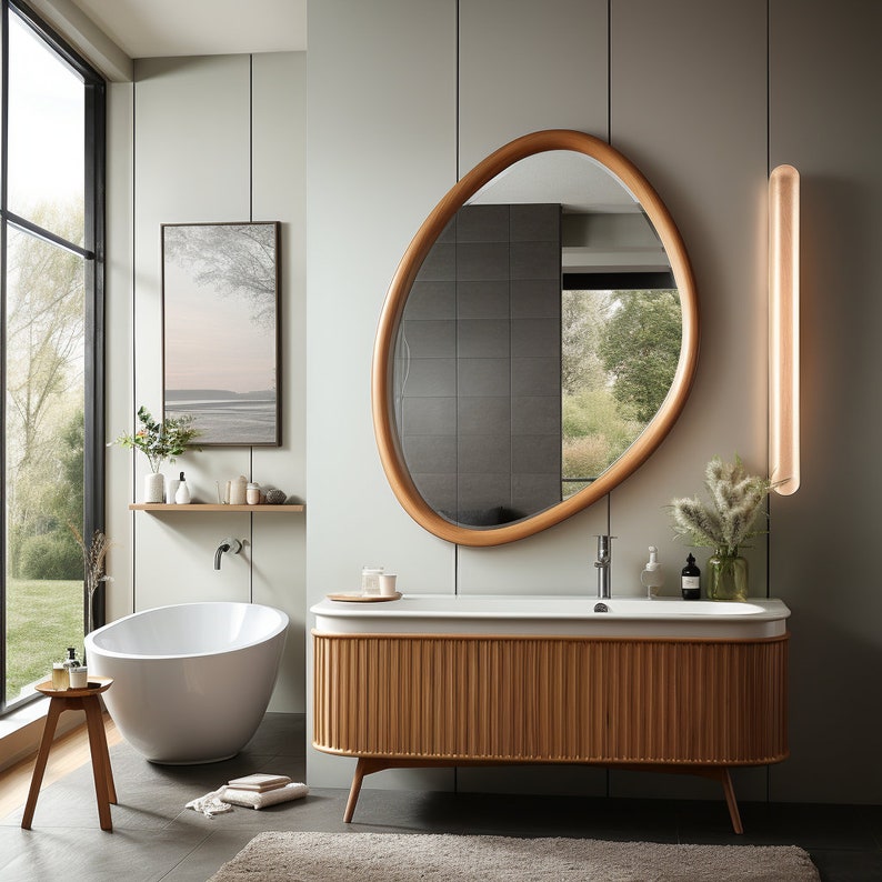 Asymmetrical Wooden Frame Mirror, Irregular Mirror, Home decor mirror image 2