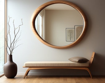 Round wooden mirror / Wooden Frame Mirror / Irregular Mirror, Home decor mirror / wall decor mirror /oval mirror