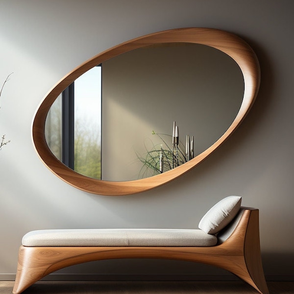 Asymmetrical Wooden Frame Mirror, Irregular Mirror, Home decor mirror