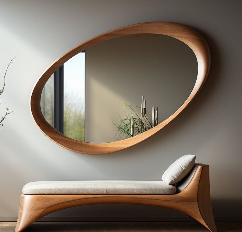 Asymmetrical Wooden Frame Mirror, Irregular Mirror, Home decor mirror image 1