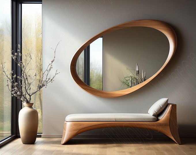 Featured listing image: Asymmetrical Wooden Frame Mirror, Irregular Mirror, Home decor mirror
