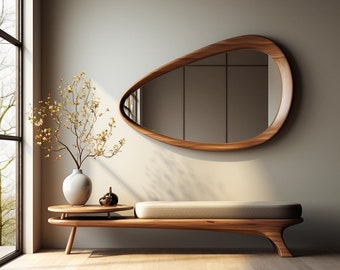 Asymmetrical Wooden Frame Mirror, Irregular Mirror, Home decor mirror