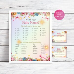 What Is Your Fairy Name Game and Tags, Fairy Birthday Game, Fairy Name Tags, Fairy Printables, Fairy Birthday