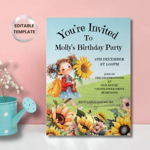 Editable Sunflower Invitation Template, Girl Birthday Invitation, Nature Birthday, Floral, Editable Birthday Invitation SUN00
