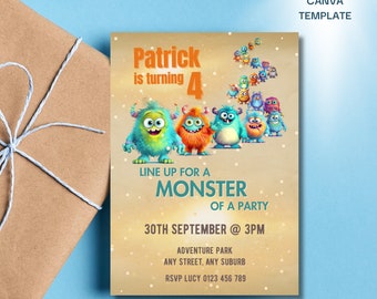 Editable Monster Invitation Template, 4th Birthday Invitation, Monster Birthday, Kids Party, Editable Birthday Invitation