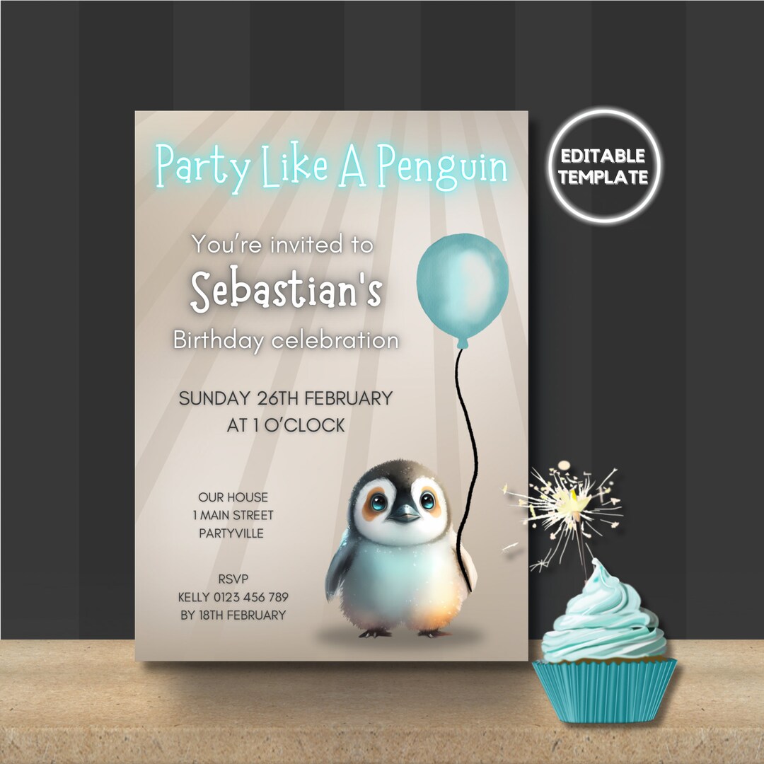 Editable Party Penguin Invitation Template, Penguin Birthday Invitation