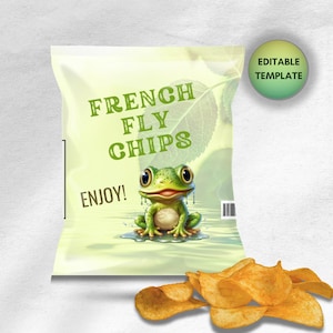 May include: A bag of French Fly Chips with a cartoon frog illustration. The bag has the words "French Fly Chips" and "Enjoy!" printed on it. A pile of potato chips is in the foreground.