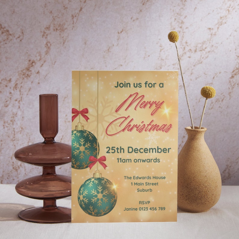 Editable Christmas Gold Invitation Template, Merry Christmas Invitation