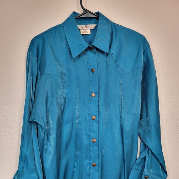 Shoulder Pads! Vintage 1980s Bar None Western Bright Blue Shiny Rayon/Poly Embroidered Cuff Long Sleeve Blouse Shirt Women's M USA Made