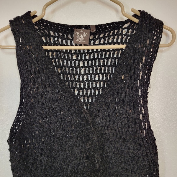 Vintage 1980s Fay's Closet Black Rayon/Nylon Chenille Open Weave Button Front Vest Women's S Bust 32"