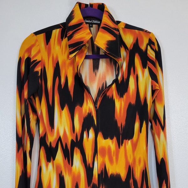 Vintage 1990s Hobby Horse Limited Edition Abstract Flame Pattern Poly/Spandex Full-Zip Blouse/Jacket Women's S Bust 34" Made in USA
