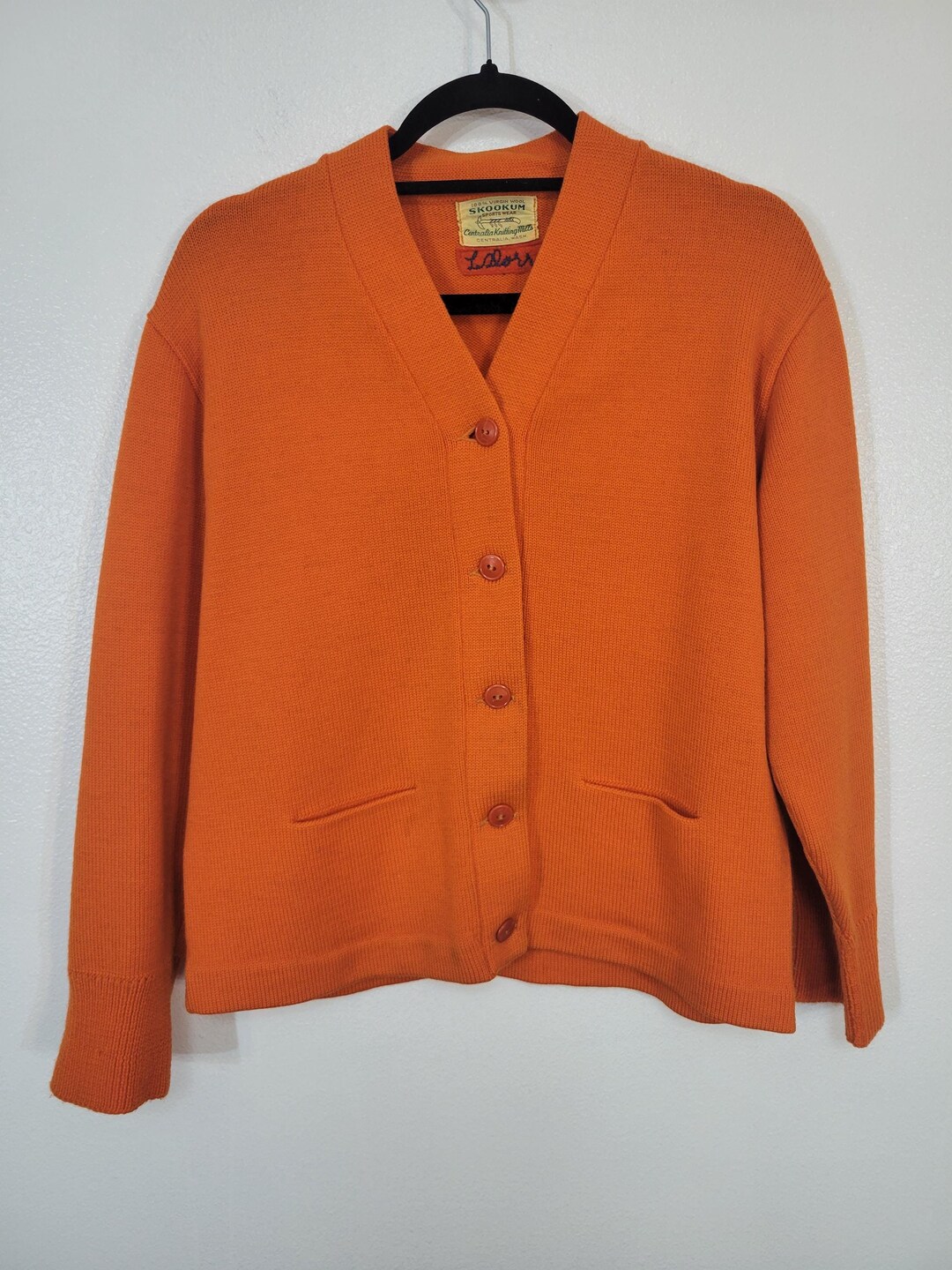 Vintage 1950s Skookum Sportswear Orange Wool Cardigan Letter Vintage 1950s Skookum Sportswear Orange Wool Cardigan Letter