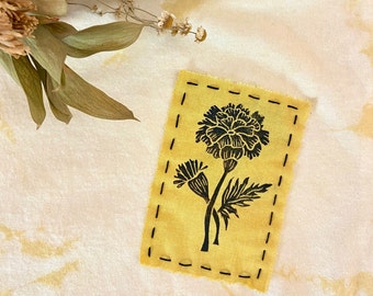 MARIGOLD / Patch con stampa a blocchi di calendula tinta naturalmente per cucire, trapuntare, cucire, rammendare, patchwork boro, diari, tessuto, botanico