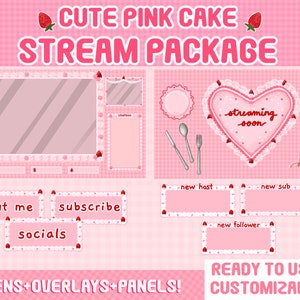 Twitch Strawberry Cake Stream Overlay / Cute Kawaii Screens / Stream Package / Aesthetic / Coquette / Twitch alerts / Pastel