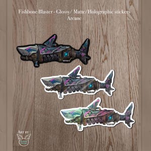 Autocollant en vinyle, holographique et mat Jinx Fishbones Blaster - fan art d'Arcane