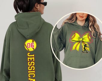 Custom Softball Mom Hoodie with Kids Name and Jersey Number, Softball Coquette Sweater, Personalized Softball Sweatshirt, Gameday Gift