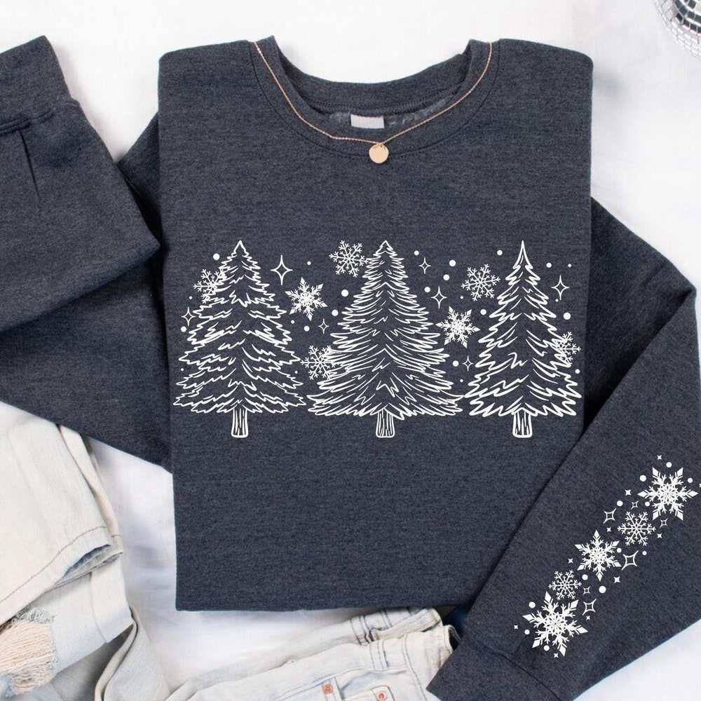 Women Christmas Gift Snow Trees With Sleeve Sweatshirt, Women Winter Sweatshirt, Christmas Trees Sweater,Xmas Sweatshirt,Holiday Hoodies,Winter Season Sweatshirt Holiday Season