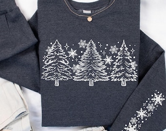 Snow Trees With Sleeve Sweatshirt, Women Winter Sweatshirt, Christmas Trees Sweater,Xmas Sweatshirt,Holiday Hoodies,Winter Season Sweatshirt