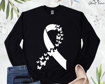 Butterfly Lung Cancer Sweatshirt, Lung Cancer Ribbon Sweatshirt,White Ribbon Sweater,Lung Cancer Survivor,Cancer Warrior Gift,Cancer Fighter