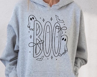 Boo Halloween Hoodie, Ghost Bow Sweatshirt, Halloween Bat Sweatshirt, Spooky Vibes Sweater, Fall Season Hoodie, Women Halloween Gift