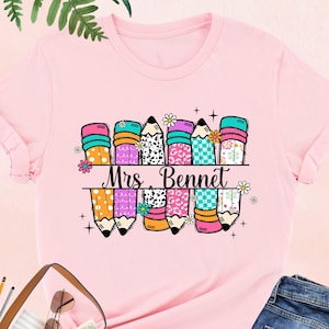 Preppy Pencil Teacher Name Shirt, Custom Teacher Shirt, Teacher Back to School Shirt, Personalized Teacher Gift, First Day of School Tee