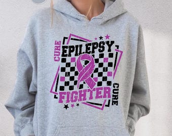 Epilepsy Fighter Hoodie, Epilepsy Awareness Sweatshirt, Checkered Purple Ribbon Sweat, Epilepsy Survivor Sweater, Epilepsy Surgery Gift