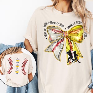 Comfort Colors Mom Of Both Baseball Softball Mom Shirt, Softball Baseball Shirt With Names, Custom Baseball Mama Shirt With Bow, Gameday Tee image 1