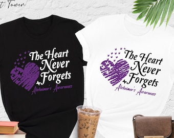 Alzheimer's Awareness Shirt, Alzheimers Shirt, The Heart Never Forgets, Alzheimers Disease Shirt, Purple Ribbon Shirt, Alzheimers Gifts