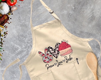 Peace Love Bake Apron, Funny Baker Apron, Cooking Apron, Baking Gifts, Mom Kitchen Apron, Housewarming Gift, Apron For Mom, Baker Gift Apron