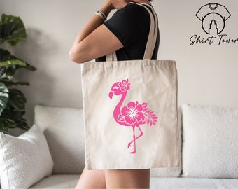 Floral Flamingo Tote Bag, Pink Flamingo Tote Bag, Canvas Bag, Animal Lover Gift, Women Totes, Reusable Bag, Shoulder Bag, Farmers Market Bag