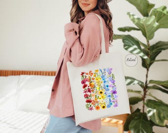Pride Wildflower Canvas Tote Bag, LGBTQ Tote Bag, Pride Rainbow Flowers Bag, LGBT Gifts, Lesbian Bag, Gay Pride Tote Bag, Equality Tote Bag