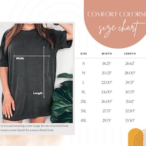 May include: A dark gray t-shirt with a size chart. The chart lists sizes S to 4XL, with measurements for width, length, and sleeve length in inches. The text "COMFORT COLORS" and "size chart" are at the top.